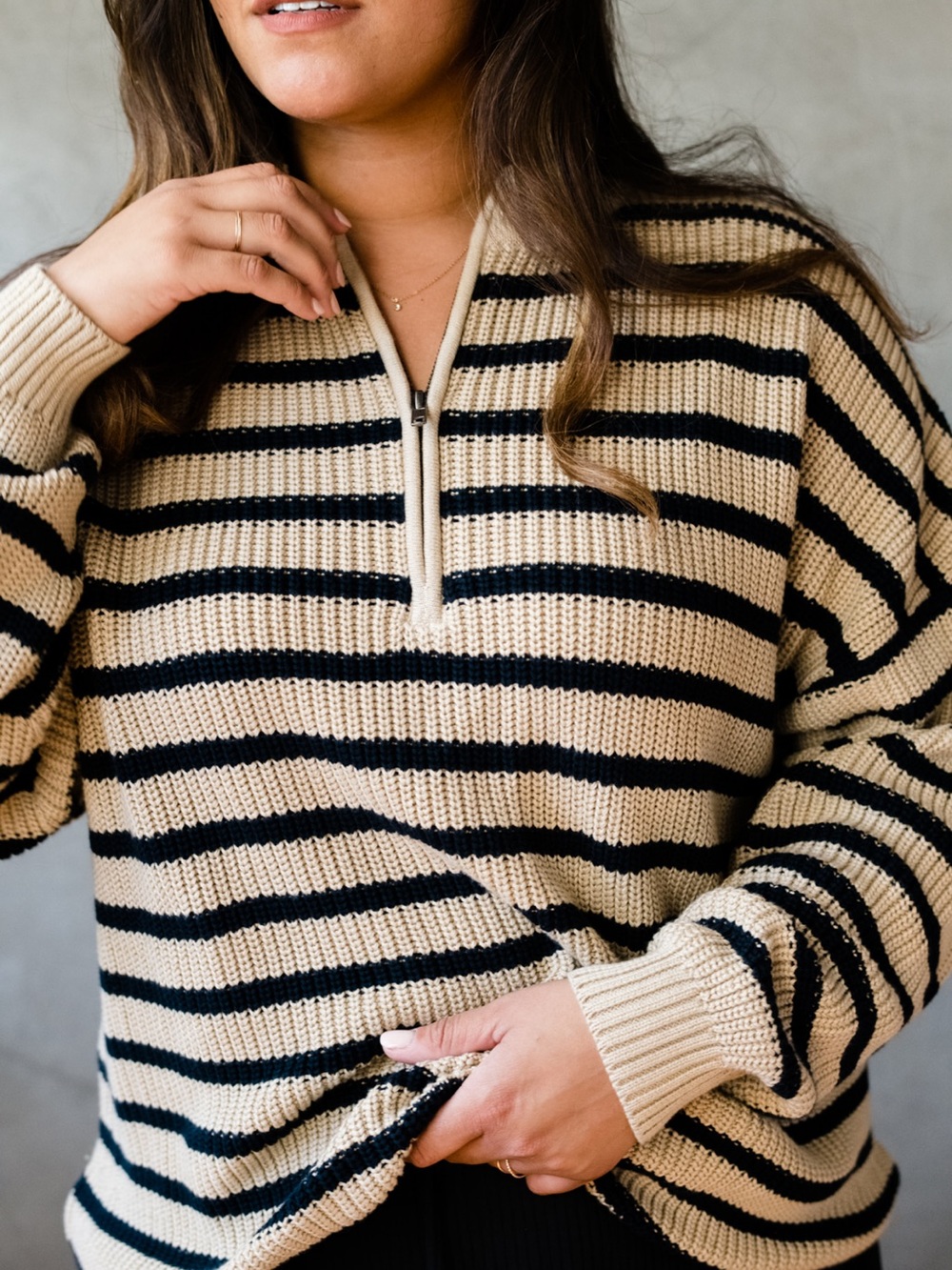 ABLE Beige and Navy Liz Striped Half-Zip Sweater - Size L